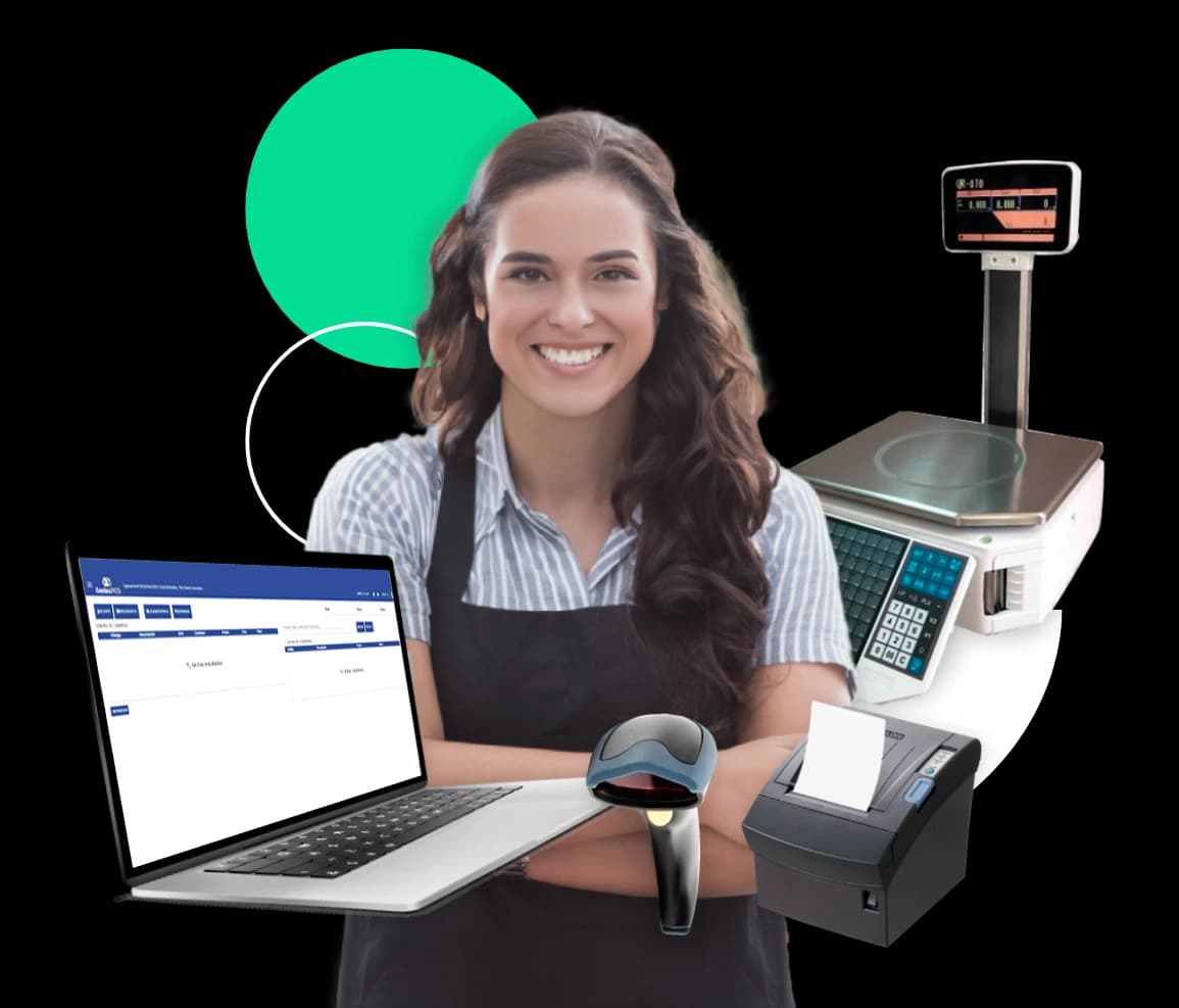 Comerciante sonriente con delantal junto a sus equipos AndesPOS: notebook con el sistema de venta, scanner de código de barras, impresora térmica y balanza con visor